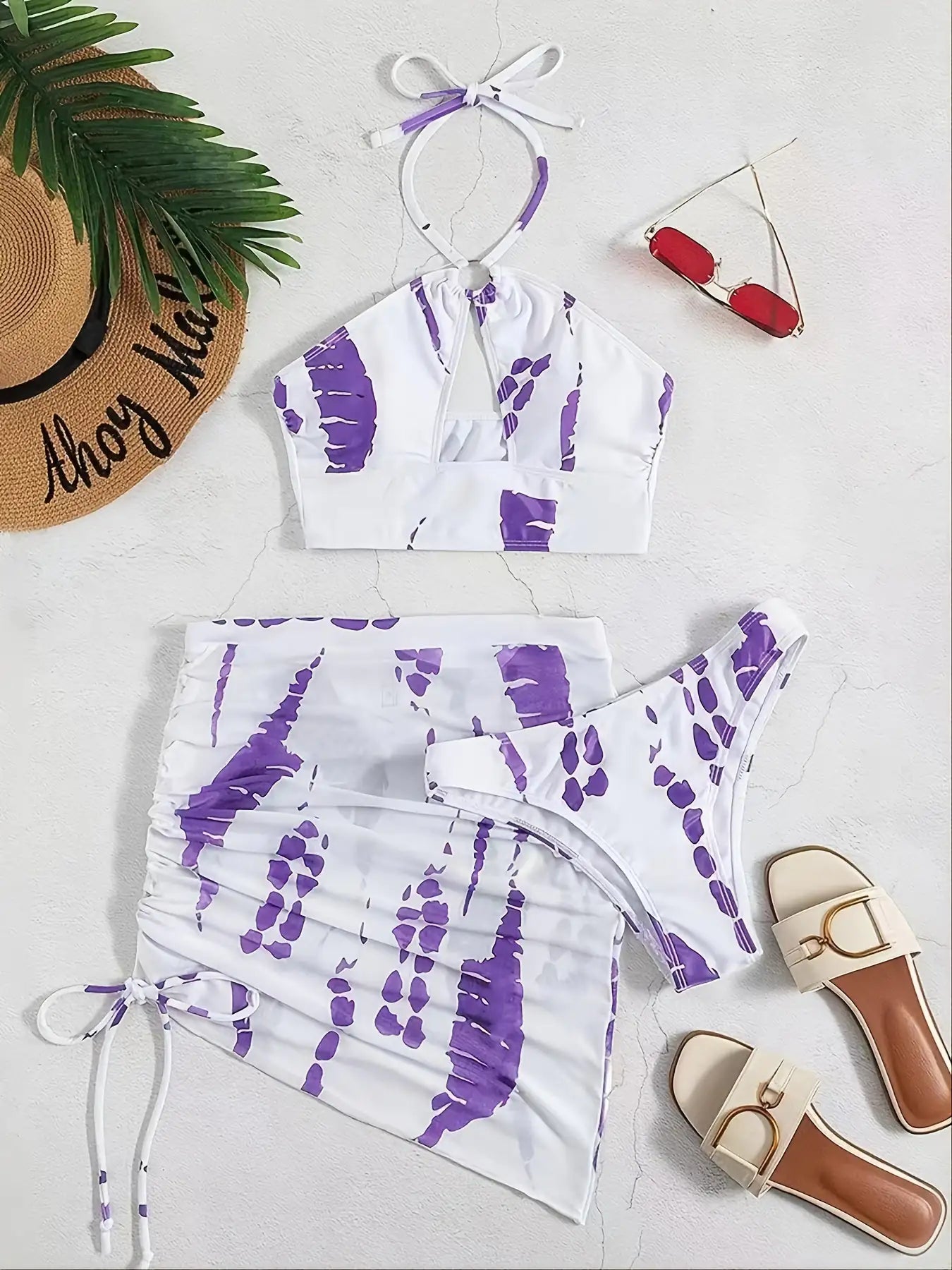 Conjunto Bikini 3 Piezas Corte Alto Tie-Dye Halter con Aros - High Trend Coture