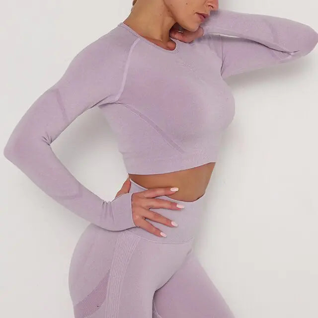 Crop Top Deportivo de Manga Larga y Cuello Redondo Transpirable - High Trend Coture