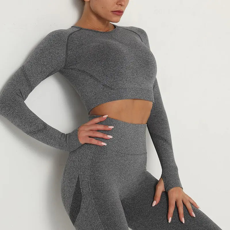 Crop Top Deportivo de Manga Larga y Cuello Redondo Transpirable - High Trend Coture