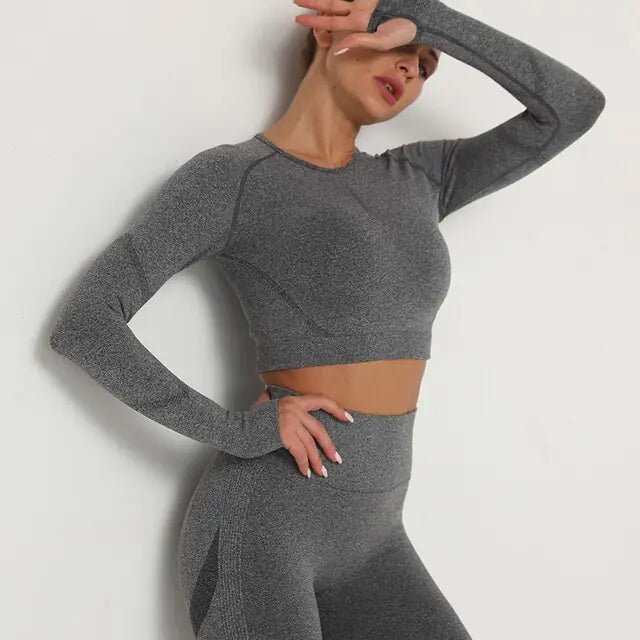 Crop Top Deportivo de Manga Larga y Cuello Redondo Transpirable - High Trend Coture