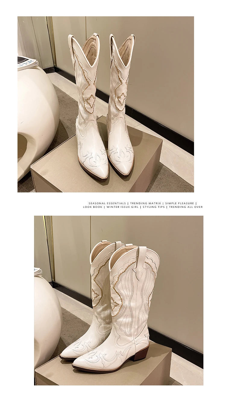 Botas de Mujer Estilo Cowboy Bordadas de Caña Alta