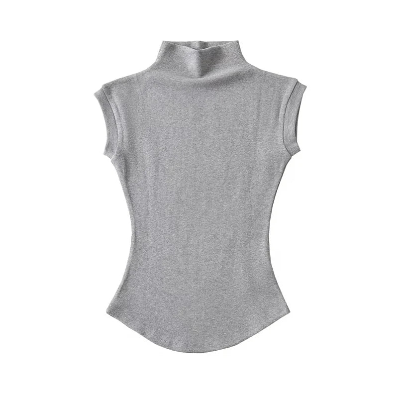 Camiseta Mujer Cuello Alto Sin Mangas Slim Fit