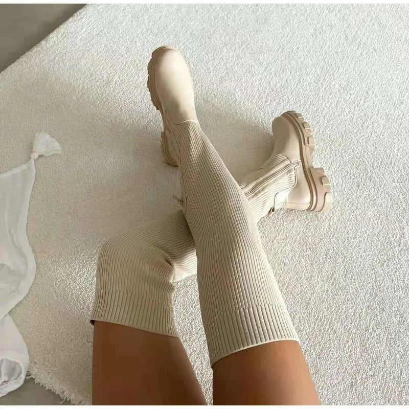 Botas Altas de Mujer Mosqueteras Estilo Calcetín Punta Redonda
