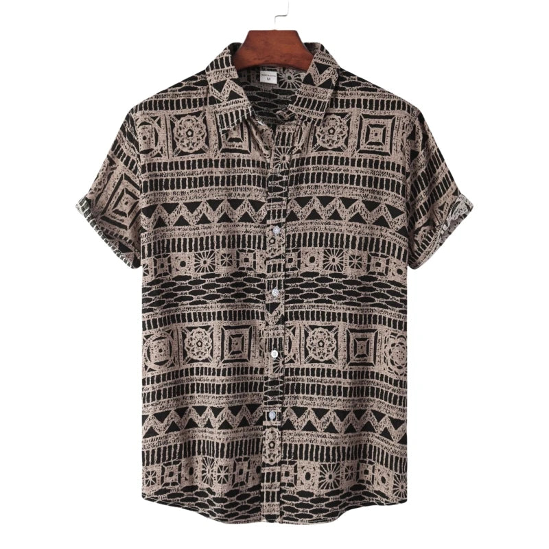 Camisa de Manga Corta para Hombre con Estampado Étnico de Algodón - High Trend Coture