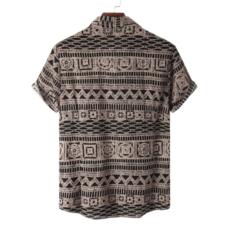 Camisa de Manga Corta para Hombre con Estampado Étnico de Algodón - High Trend Coture