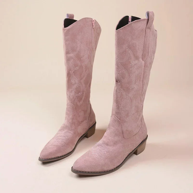 Botas Cowboy Mujer de Ante con Detalles Bordados