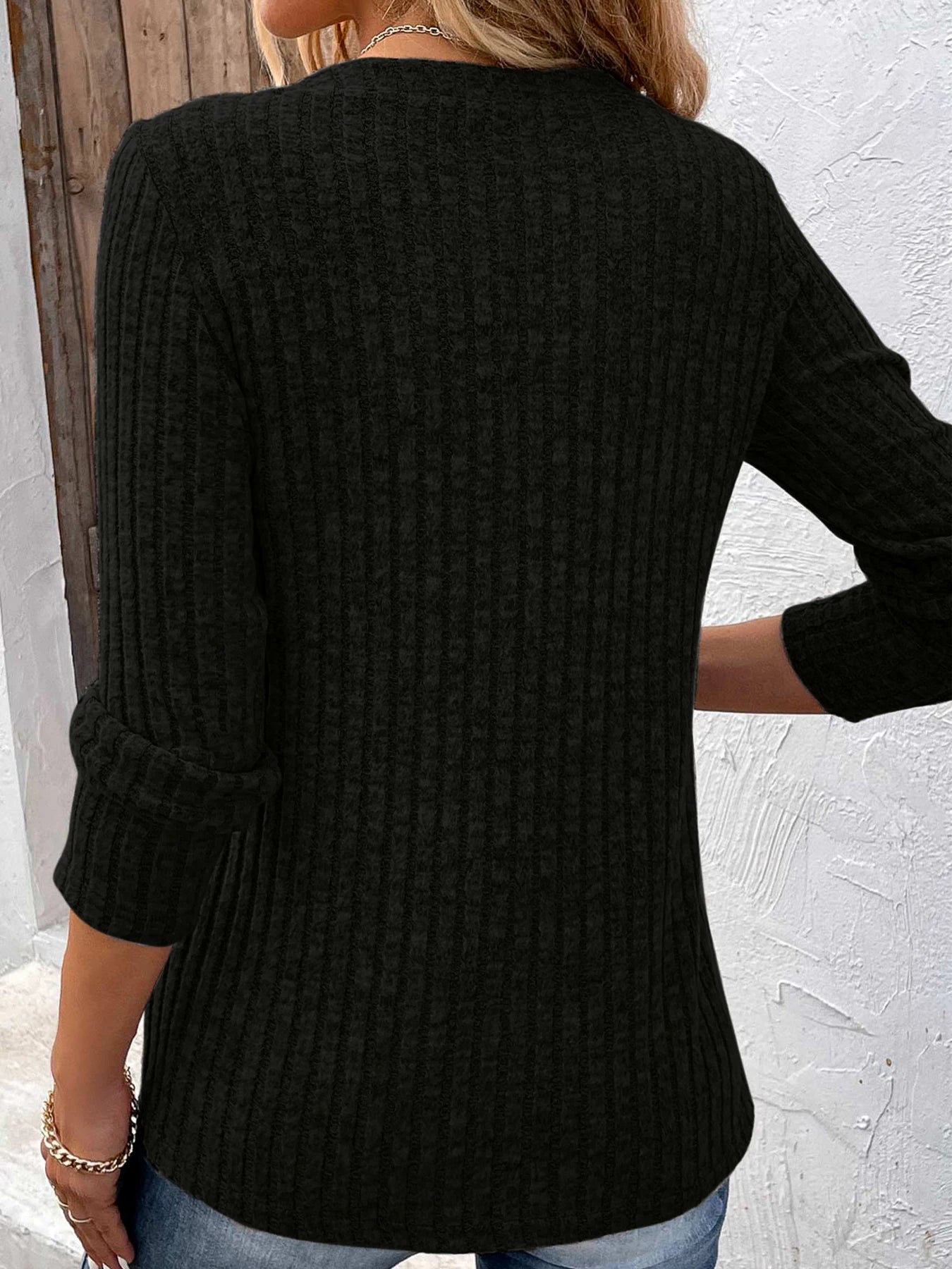 Jersey de Mujer Cuello en V Acanalado con Botones