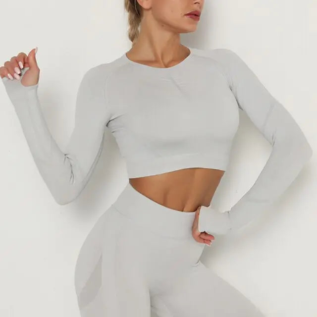 Crop Top Deportivo de Manga Larga y Cuello Redondo Transpirable - High Trend Coture