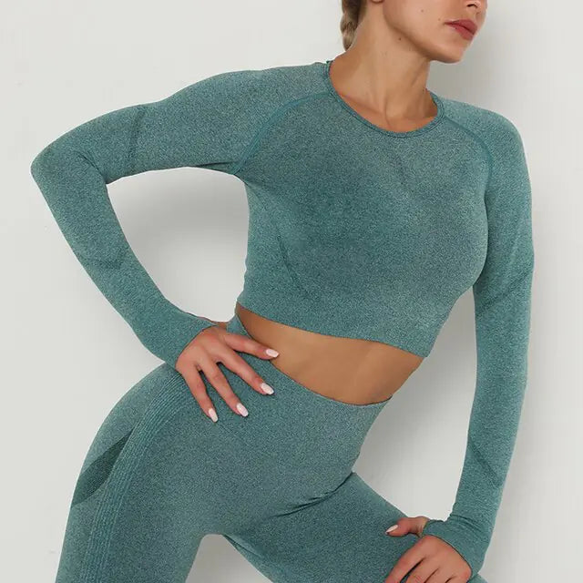 Crop Top Deportivo de Manga Larga y Cuello Redondo Transpirable - High Trend Coture