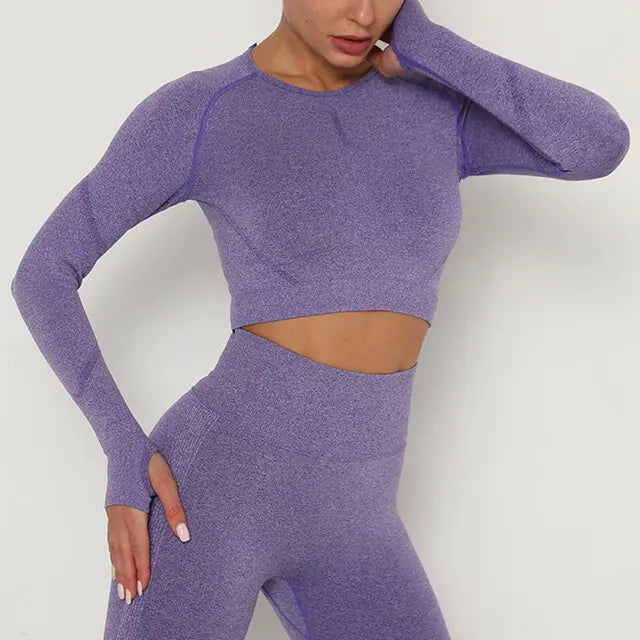 Crop Top Deportivo de Manga Larga y Cuello Redondo Transpirable - High Trend Coture