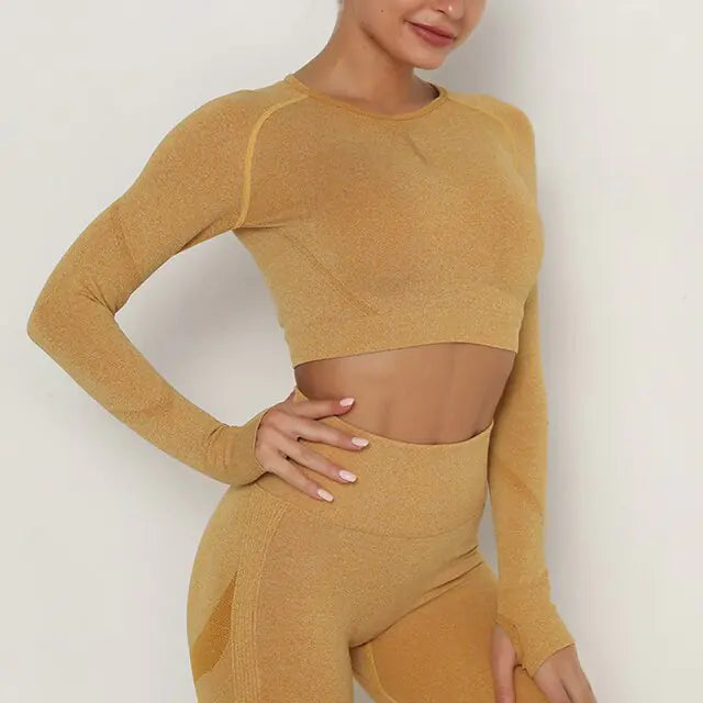 Crop Top Deportivo de Manga Larga y Cuello Redondo Transpirable - High Trend Coture