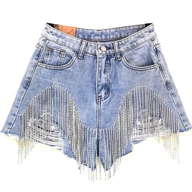 Shorts vaqueros con detalles de diamante y borlas - High Trend Coture