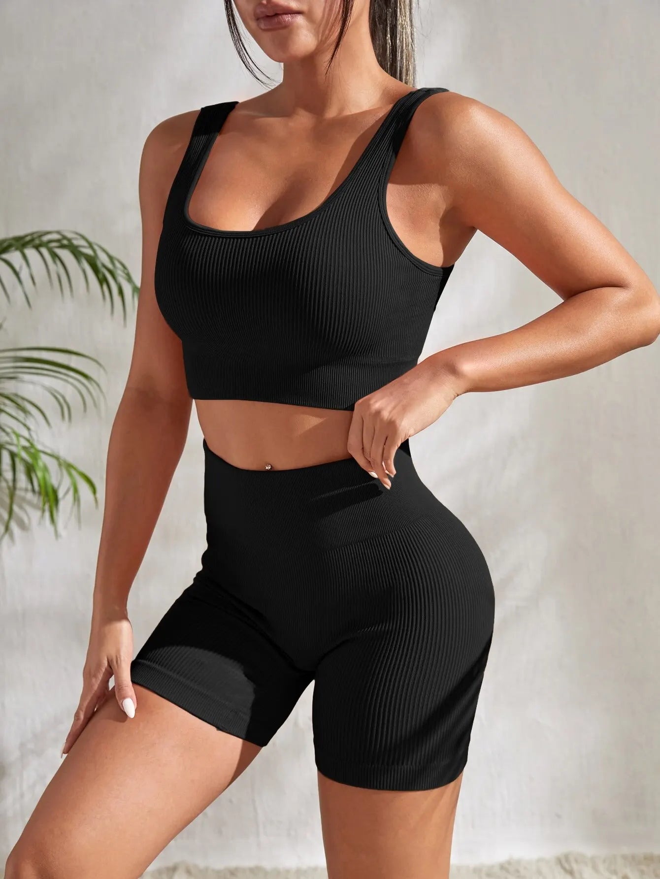 Conjunto de Yoga sin Costuras de Top Deportivo Acanalado + Short - High Trend Coture