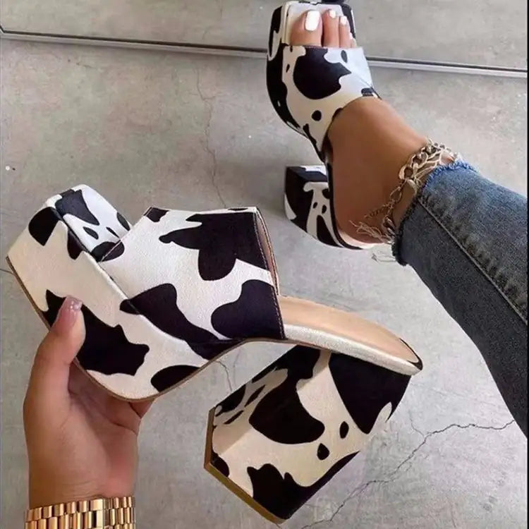 Sandalias de Tacón Ancho con Punta Cuadrada Estampadas - High Trend Coture