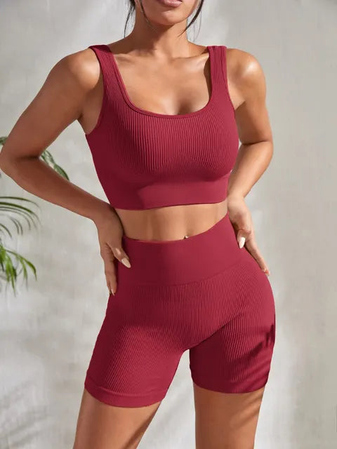 Conjunto de Yoga sin Costuras de Top Deportivo Acanalado + Short - High Trend Coture