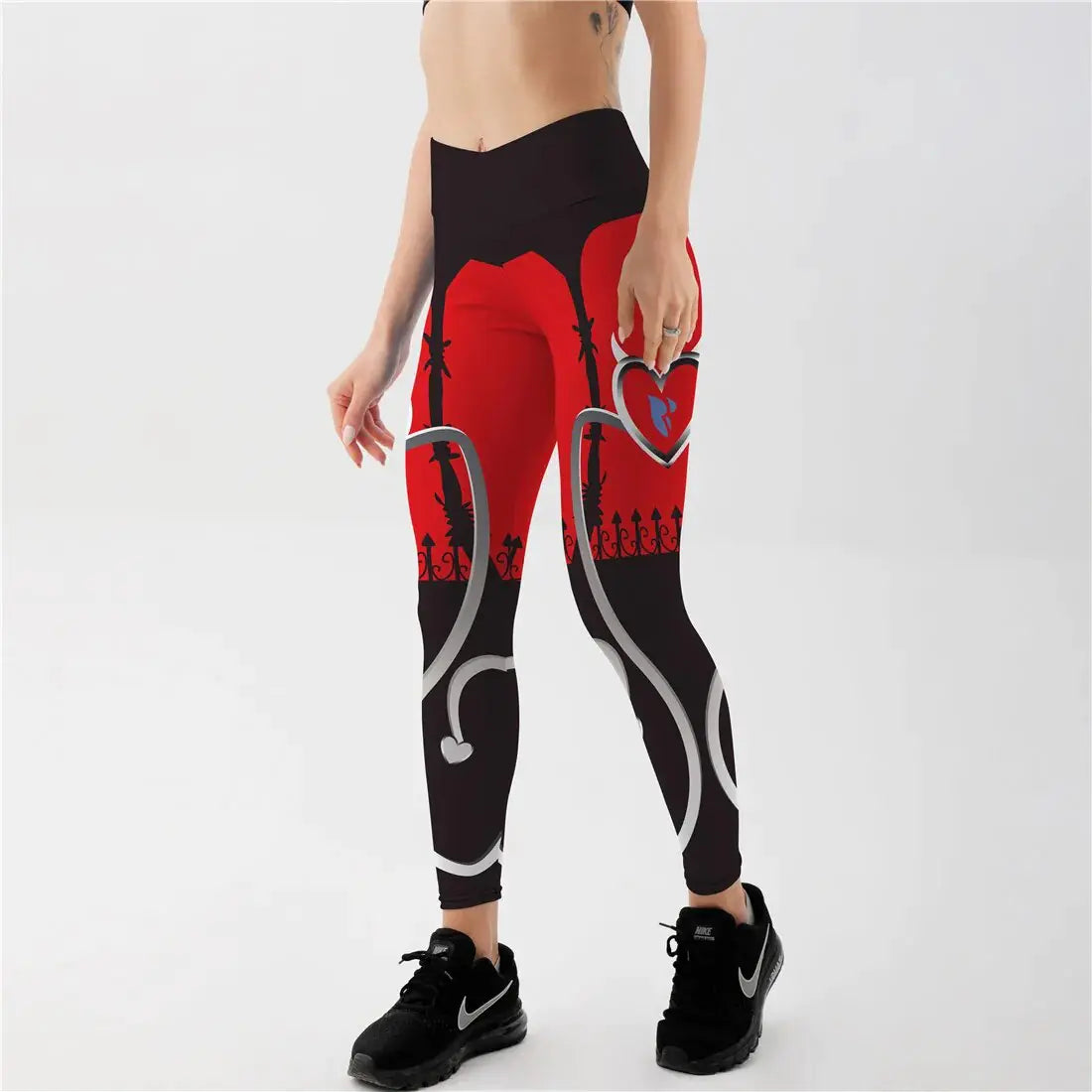 Leggings Push Up Rojo y Negro con Estampado de Corazones - High Trend Coture