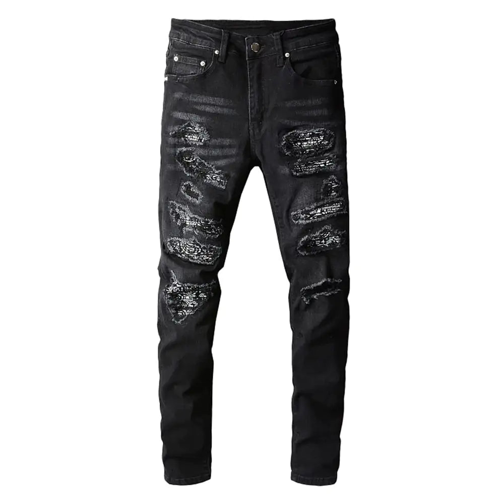 Pantalon vaquero negro rasgado con detalles de cachemira - High Trend Coture