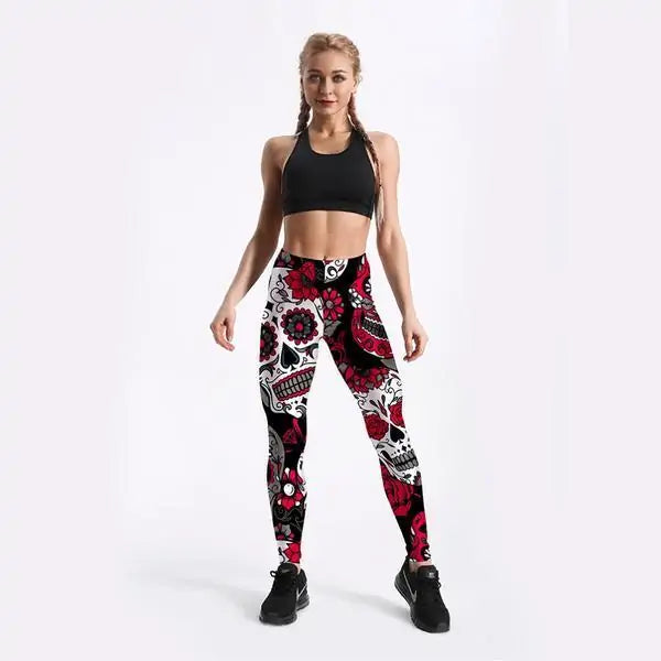 Leggings con Estampado de Calavera Mexicana Roja - High Trend Coture