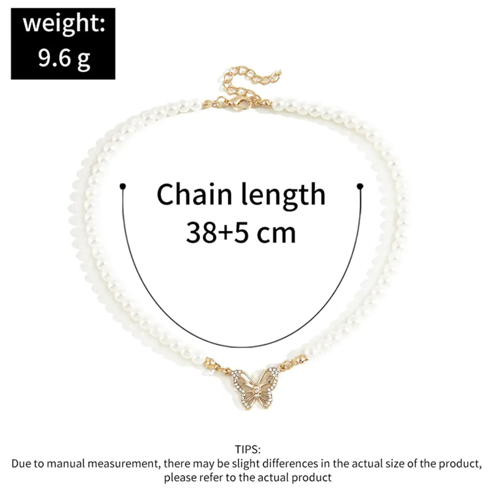 Rhinestone Butterfly Pendant Pearl Necklace - High Trend Coture