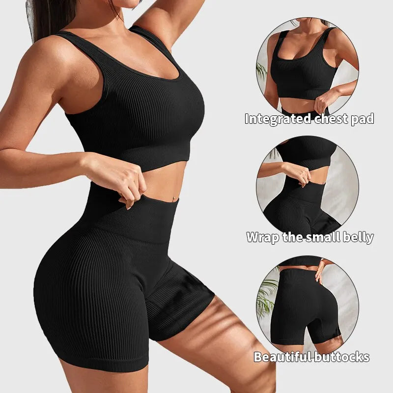 Conjunto de Yoga sin Costuras de Top Deportivo Acanalado + Short - High Trend Coture