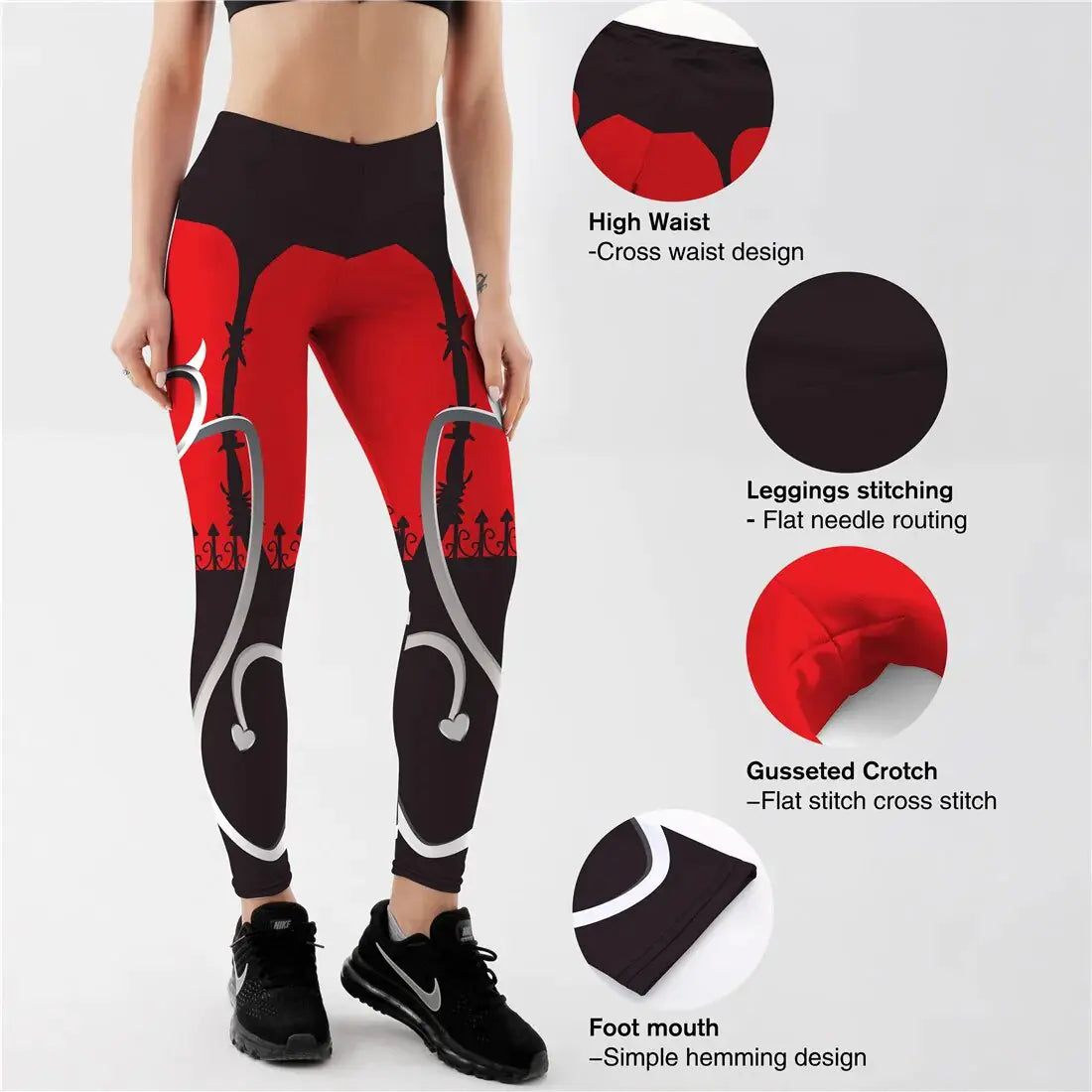 Leggings Push Up Rojo y Negro con Estampado de Corazones - High Trend Coture