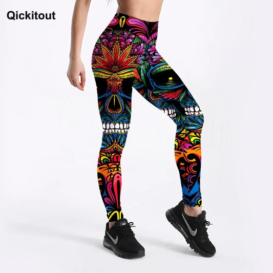 Leggings Push Up con Estampado de Calaveras y Hojas Coloridas - High Trend Coture