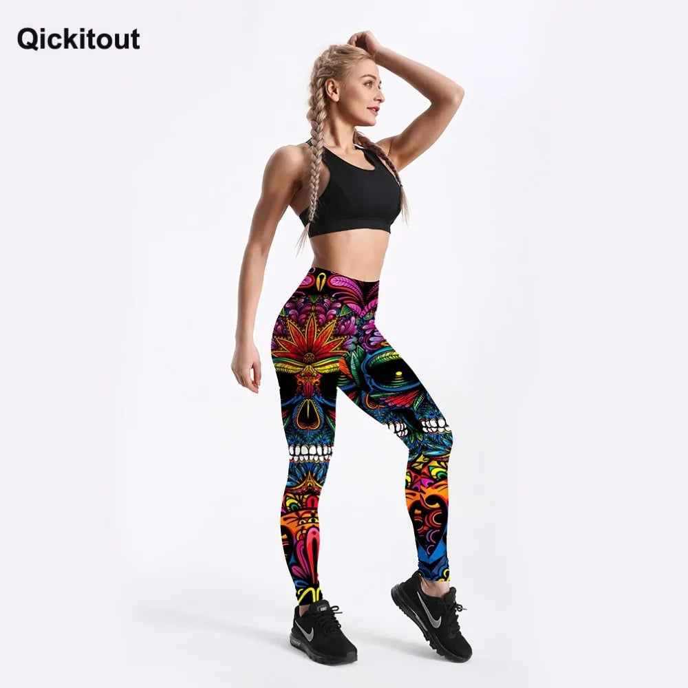 Leggings Push Up con Estampado de Calaveras y Hojas Coloridas - High Trend Coture