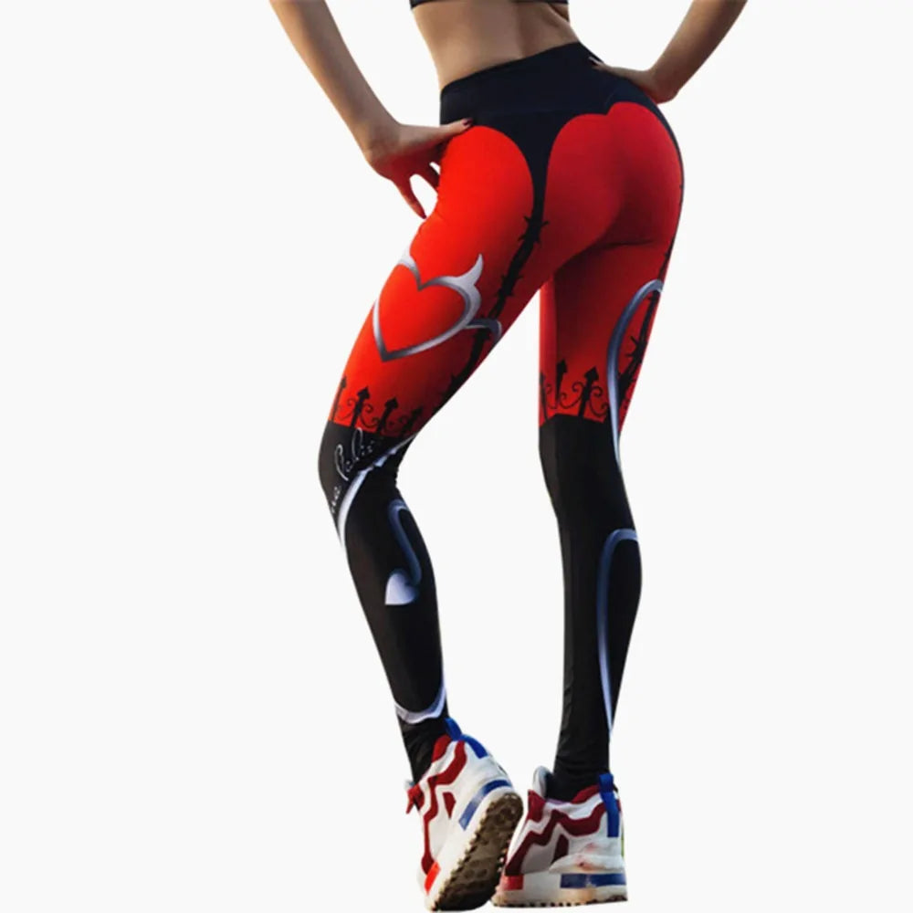 Leggings Push Up Rojo y Negro con Estampado de Corazones - High Trend Coture