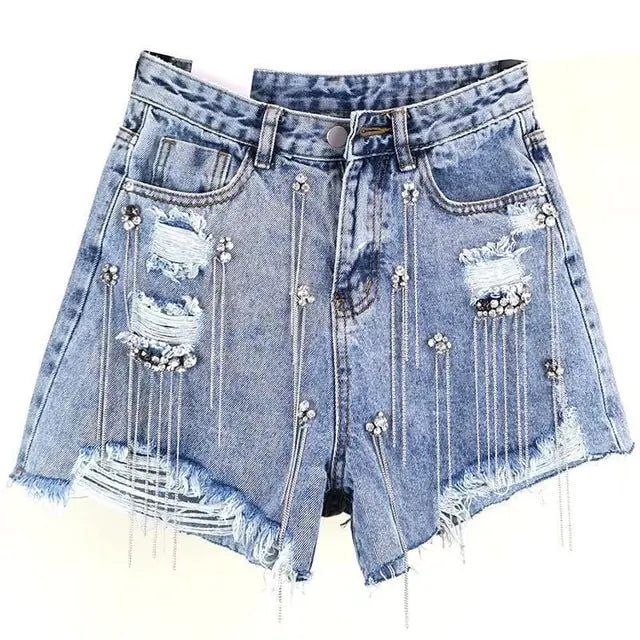 Shorts vaqueros con detalles de diamante y borlas - High Trend Coture