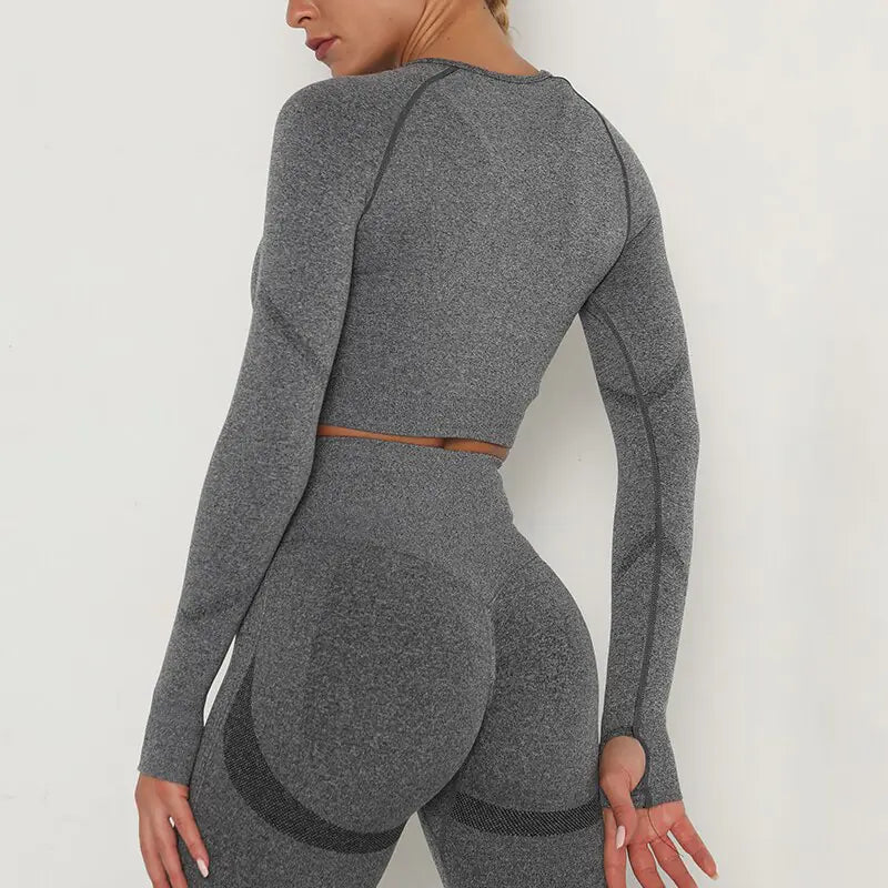 Crop Top Deportivo de Manga Larga y Cuello Redondo Transpirable - High Trend Coture