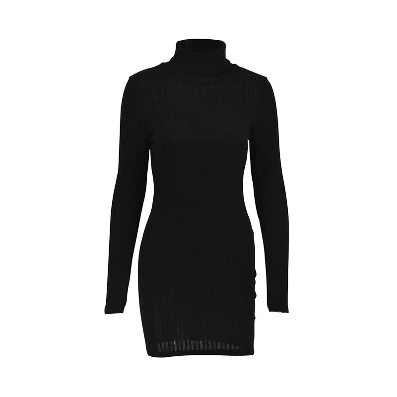 Vestido Manga Larga de Canalé Ajustado con Cuello Alto