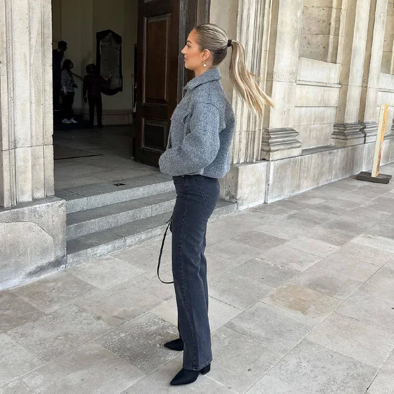 Chaqueta Corta para Mujer de Entretiempo con Bolsillos Gris solido
