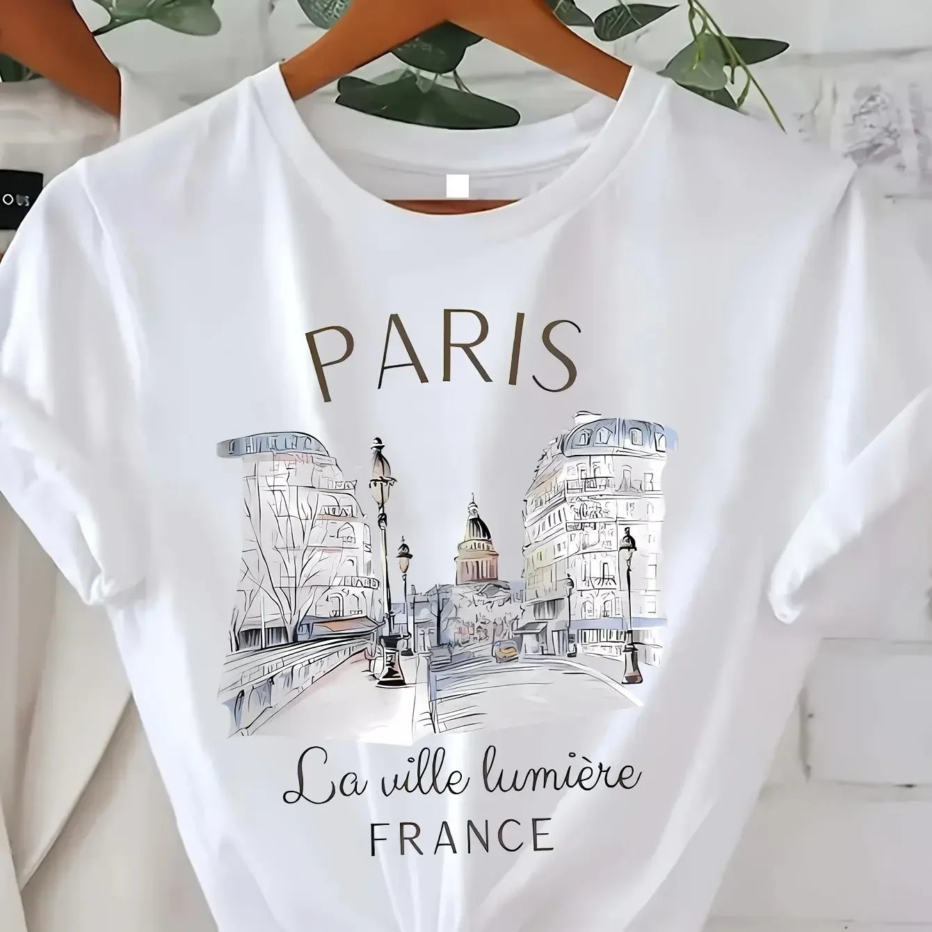 Camiseta Mujer París Estampada Manga Corta Cuello Redondo