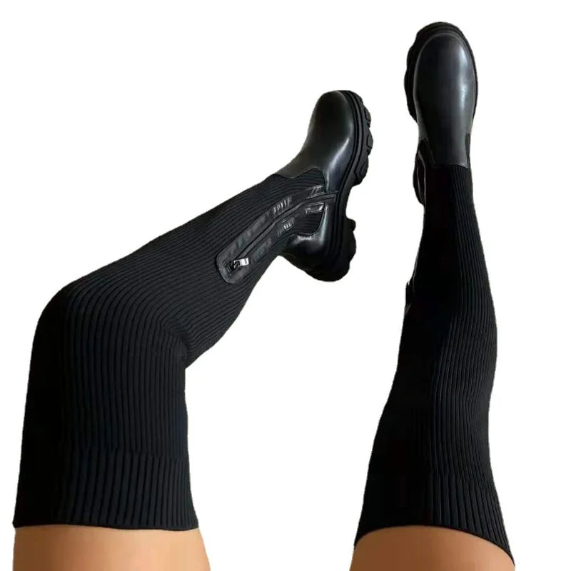 Botas Altas de Mujer Mosqueteras Estilo Calcetín Punta Redonda