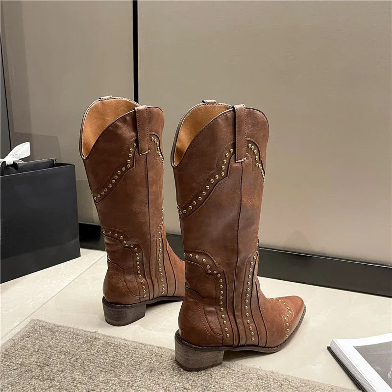 Botas Vaqueras Estilo Cowboy Tacón Bajo Media Caña
