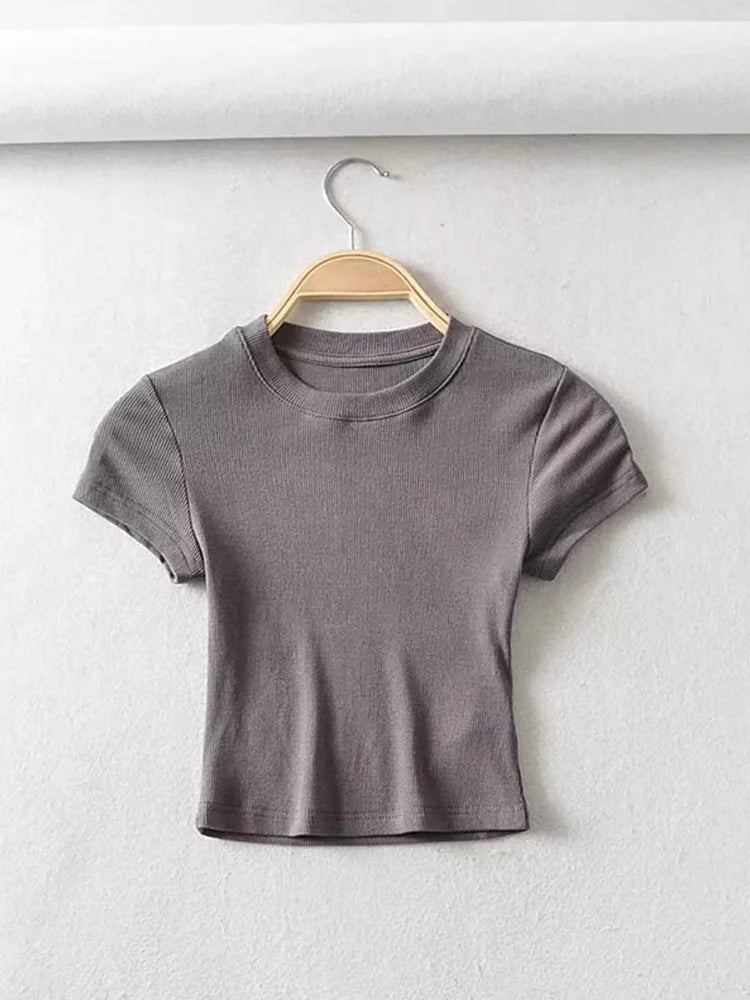 Camiseta Crop Mujer Slim Fit Manga Corta Cuello Redondo