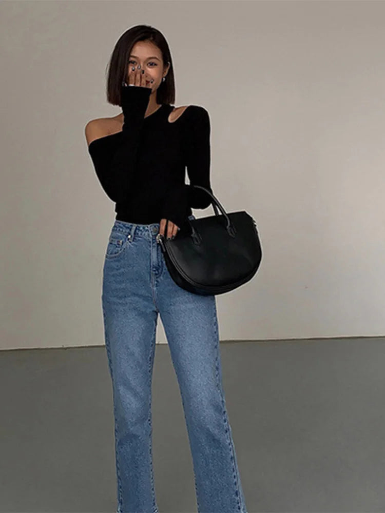 Crop Top Mujer Hombros Descubiertos Manga Larga Slim Fit