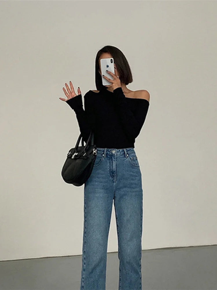 Crop Top Mujer Hombros Descubiertos Manga Larga Slim Fit
