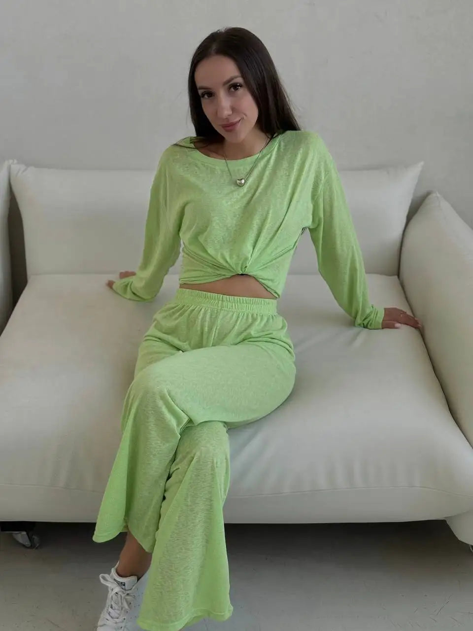 Conjunto Mujer Casual Top Manga Larga y Pantalón Fluido