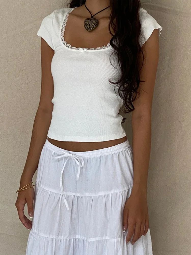 Camiseta Crop Mujer Encaje Cuello Cuadrado Estilo Y2K