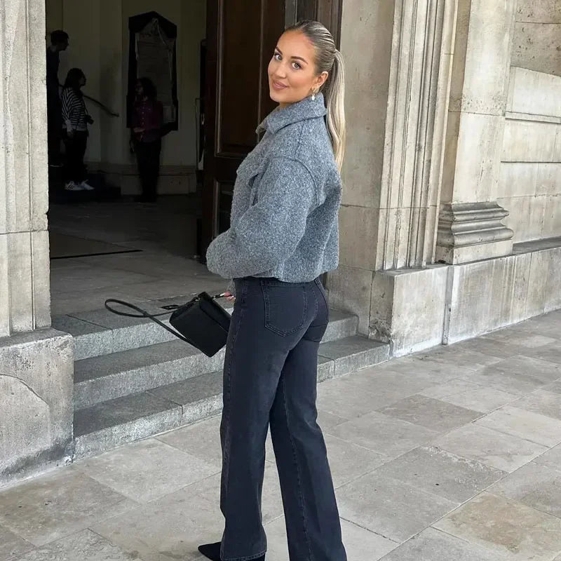 Chaqueta Corta para Mujer de Entretiempo con Bolsillos Gris solido