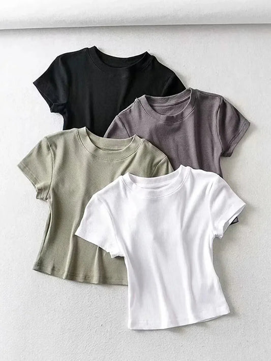 Camiseta Crop Mujer Slim Fit Manga Corta Cuello Redondo