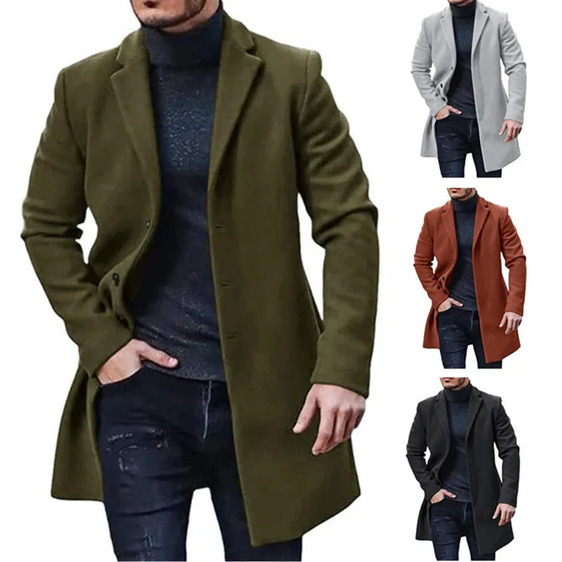 Gabardina para Hombre Básica de Invierno con Botones y Cuello Solapado