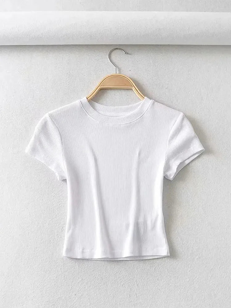 Camiseta Crop Mujer Slim Fit Manga Corta Cuello Redondo
