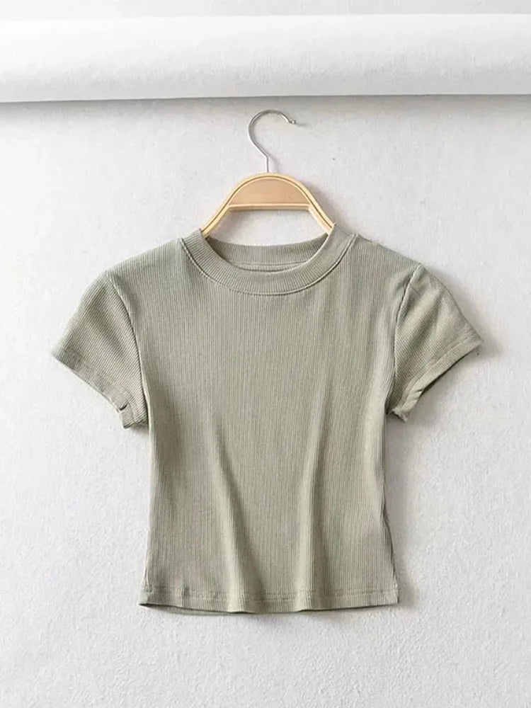 Camiseta Crop Mujer Slim Fit Manga Corta Cuello Redondo