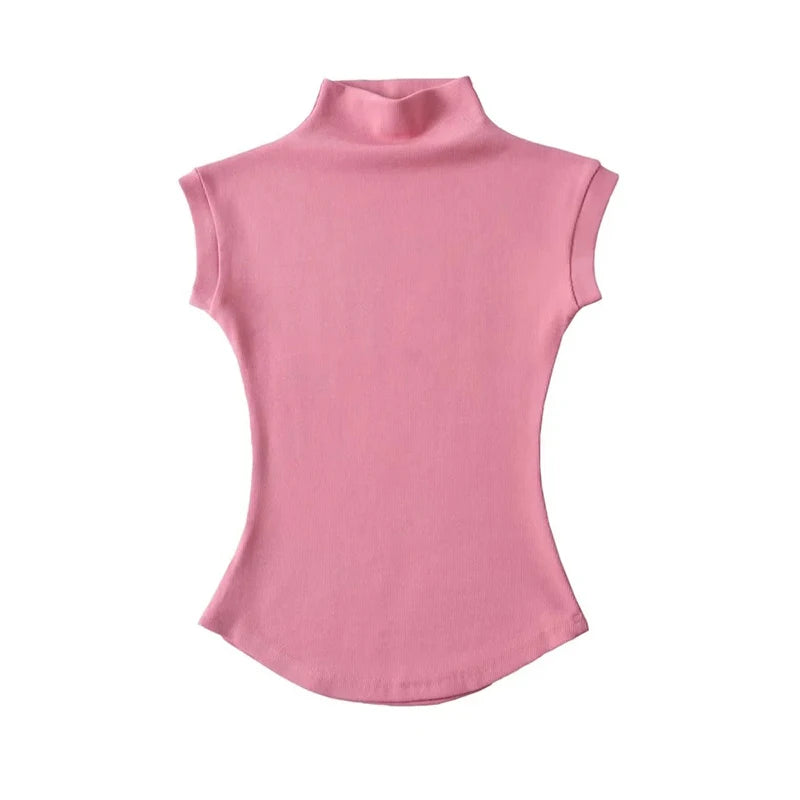 Camiseta Mujer Cuello Alto Sin Mangas Slim Fit
