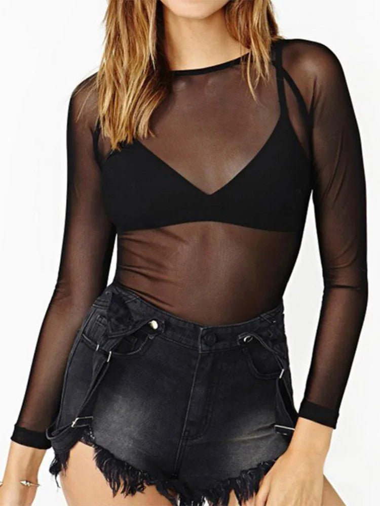 Top Mesh Mujer Transparente Manga Larga Streetwear