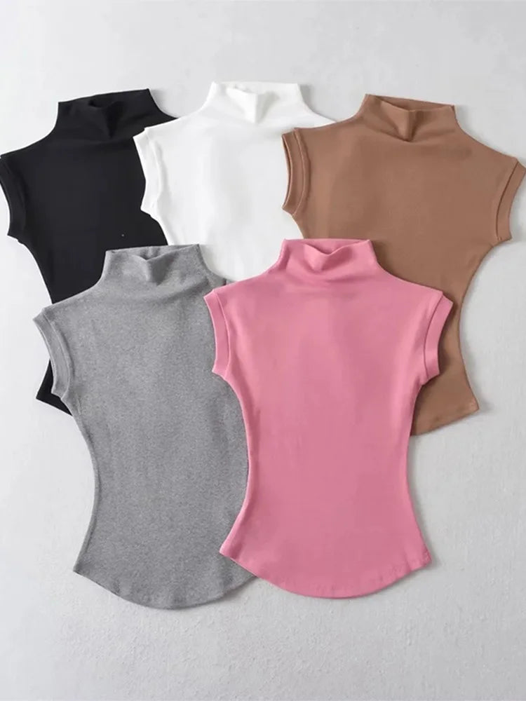 Camiseta Mujer Cuello Alto Sin Mangas Slim Fit