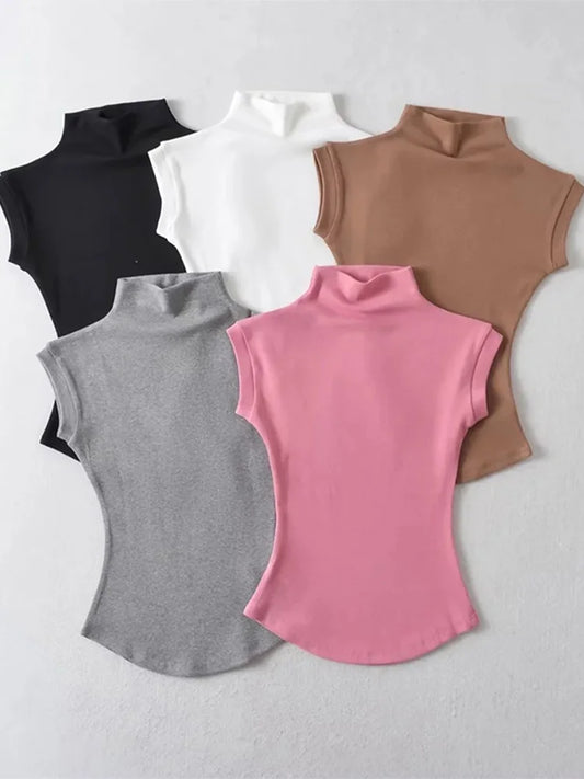 Camiseta Mujer Cuello Alto Sin Mangas Slim Fit
