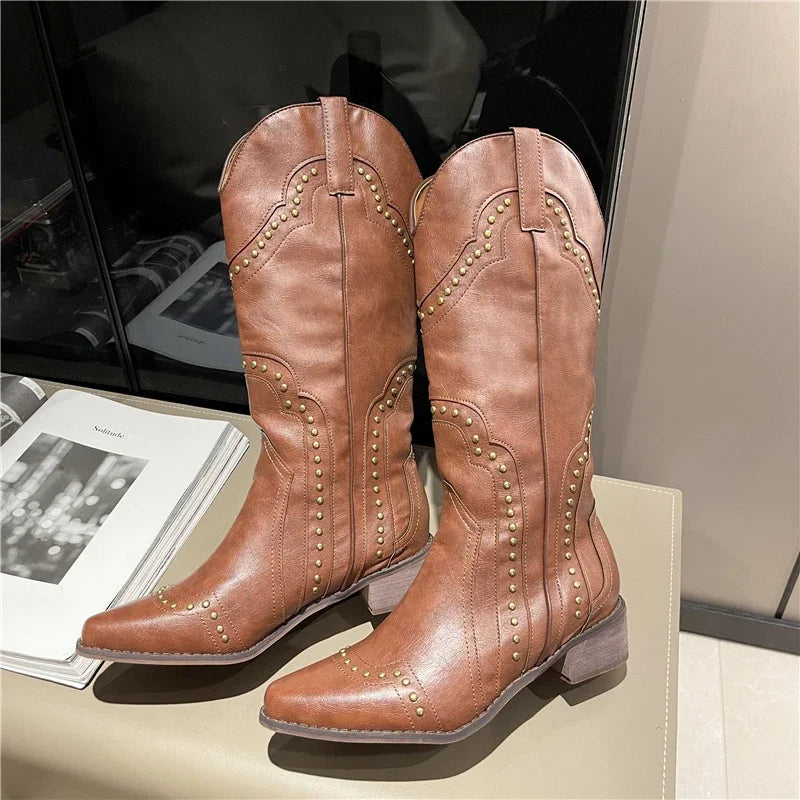 Botas Vaqueras Estilo Cowboy Tacón Bajo Media Caña